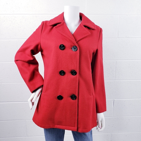Lands' End Jackets & Blazers - Vintage Lands' End Direct Merchants Red Wool Anchor Button Peacoat Size Medium